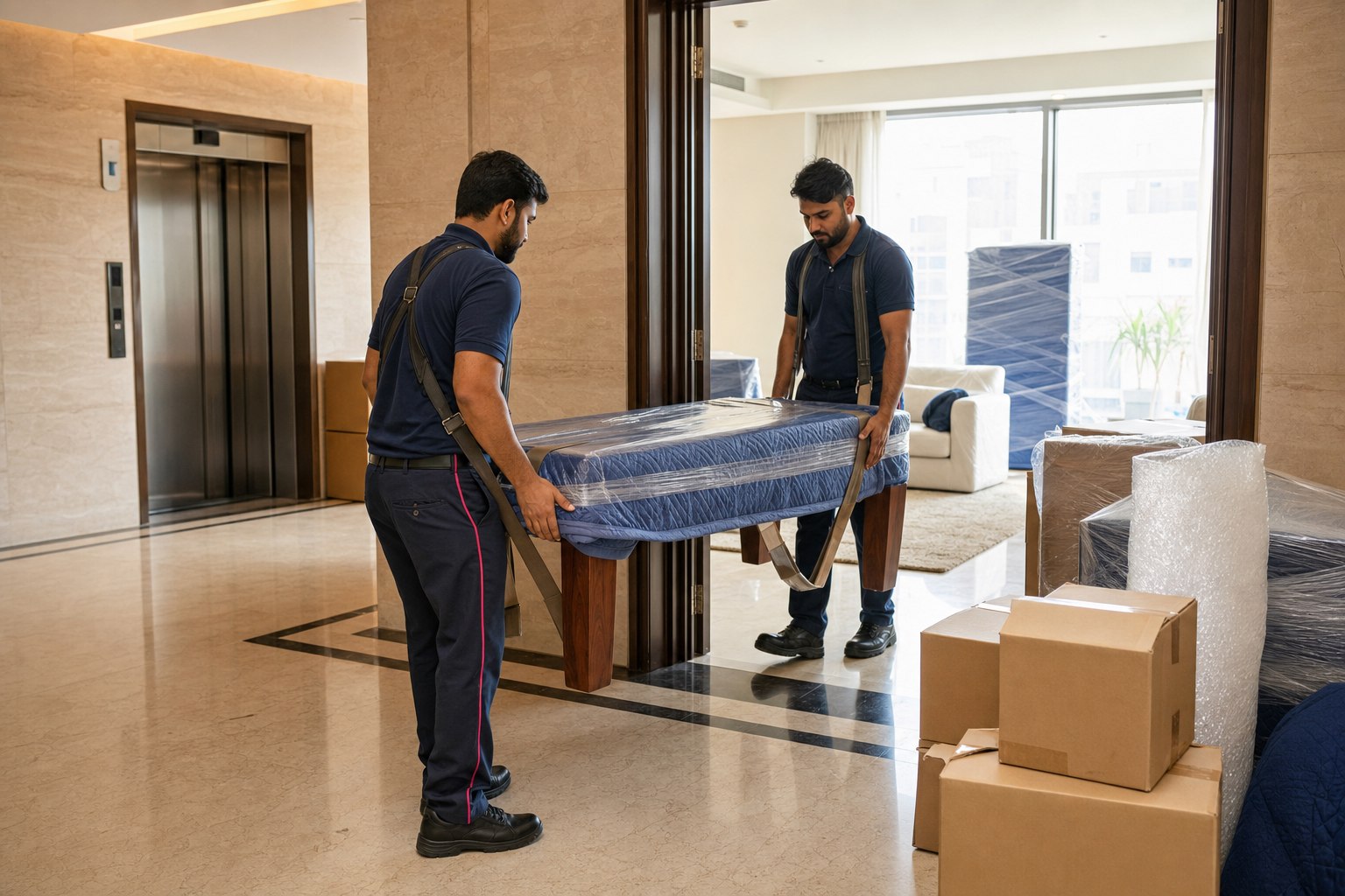Movers carrying protected furniture through a premium apartment