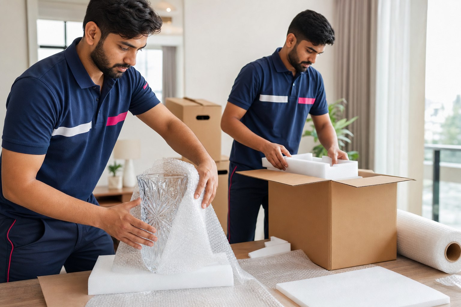 Expert packers protecting a fragile glass item with foam and bubble wrap