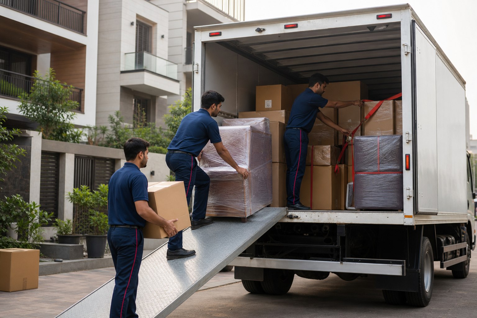 Moving team securing household goods inside a closed-body truck