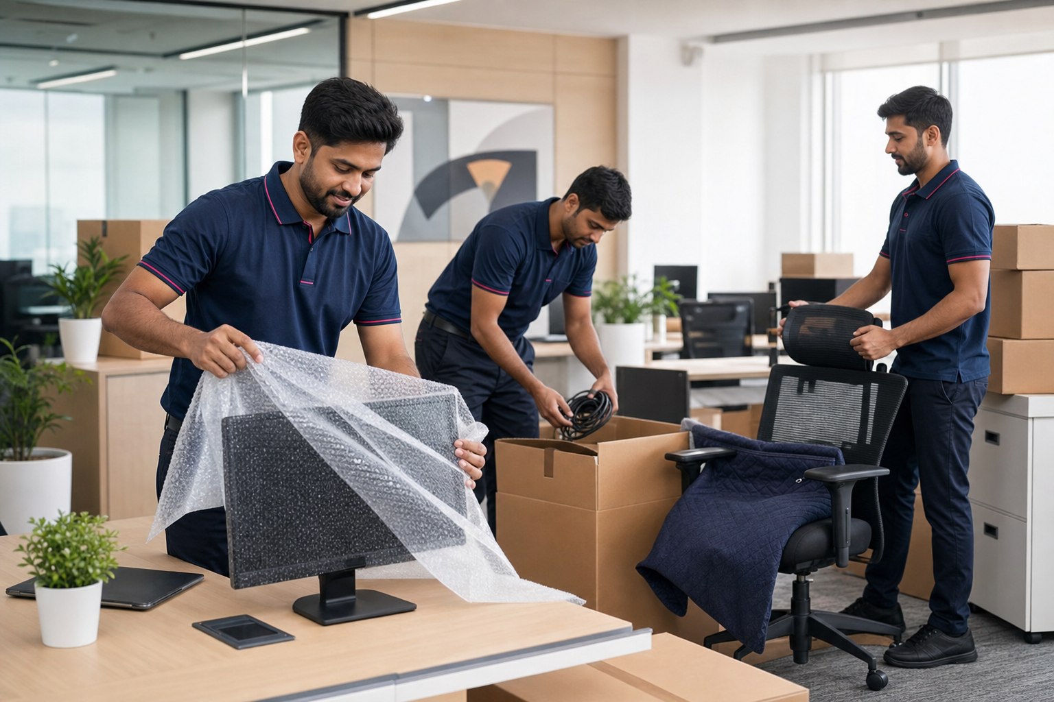 Professional movers safely packing office computers and furniture