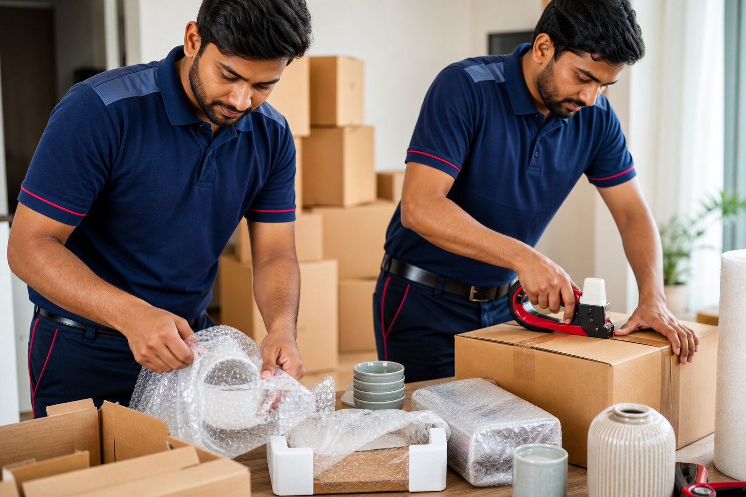ZAIRA packing team wrapping furniture with stretch film inside a Vadodara apartment